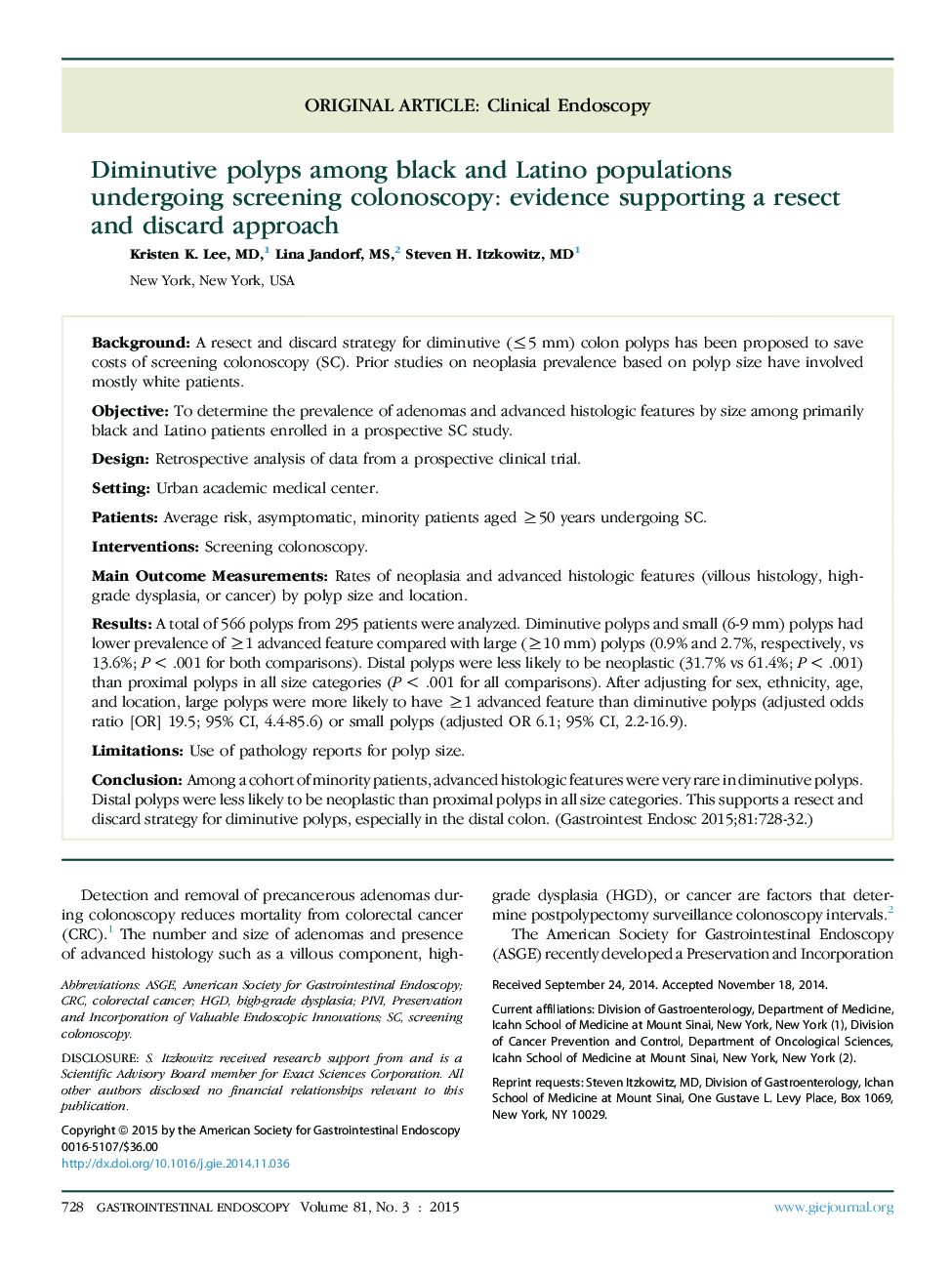 Original articleClinical endoscopyDiminutive polyps among black and Latino populations undergoing screening colonoscopy: evidence supporting a resect and discard approach