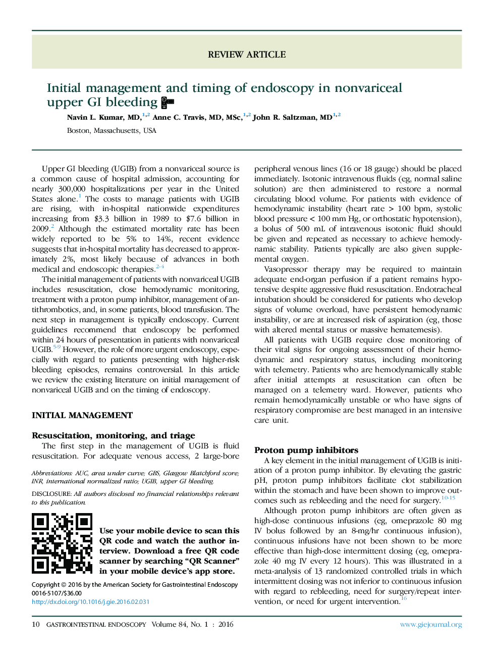 Initial management and timing of endoscopy in nonvariceal upperÂ GI bleeding