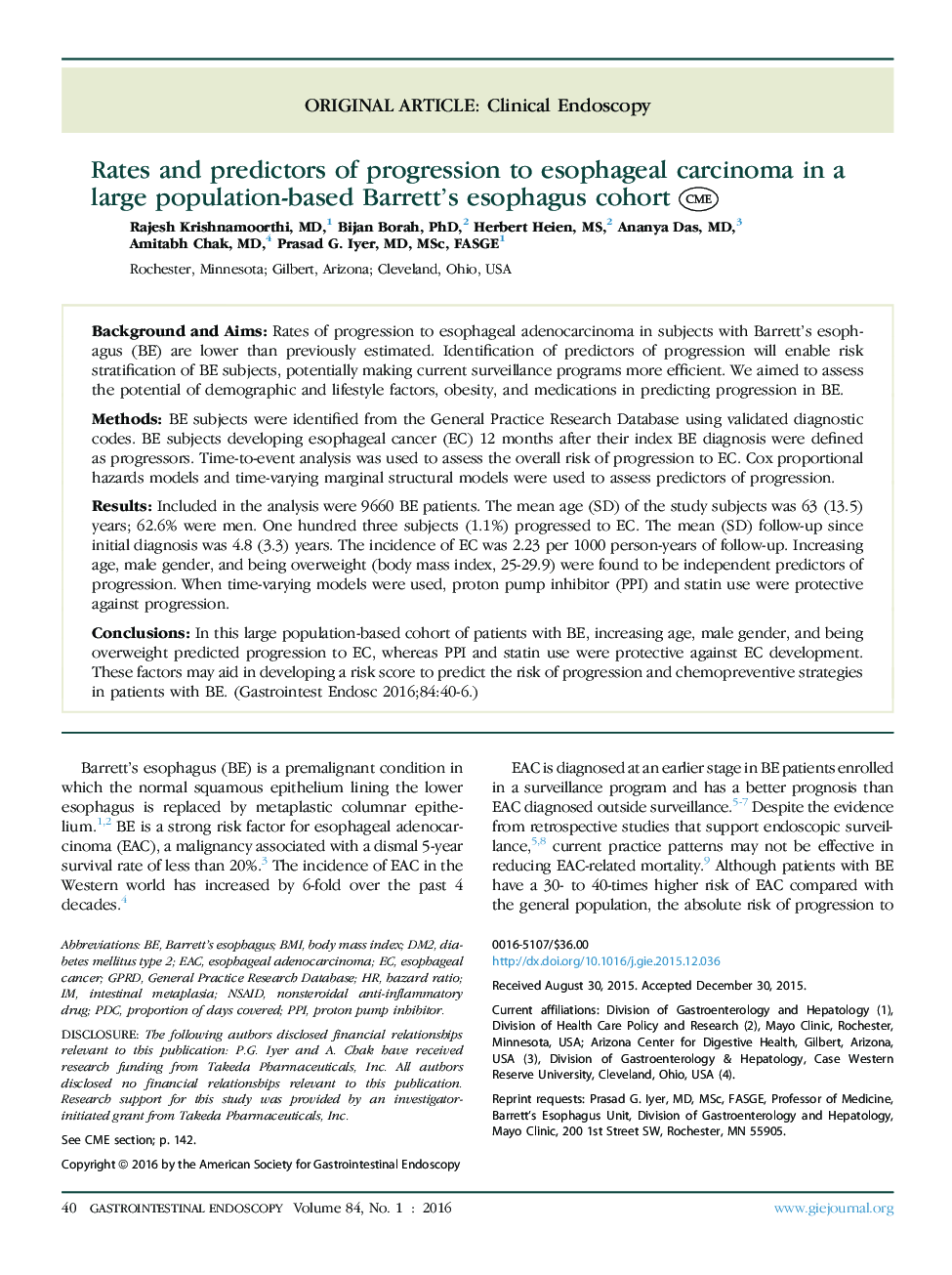 Original articleClinical endoscopyRates and predictors of progression to esophageal carcinoma in a large population-based Barrett's esophagus cohort