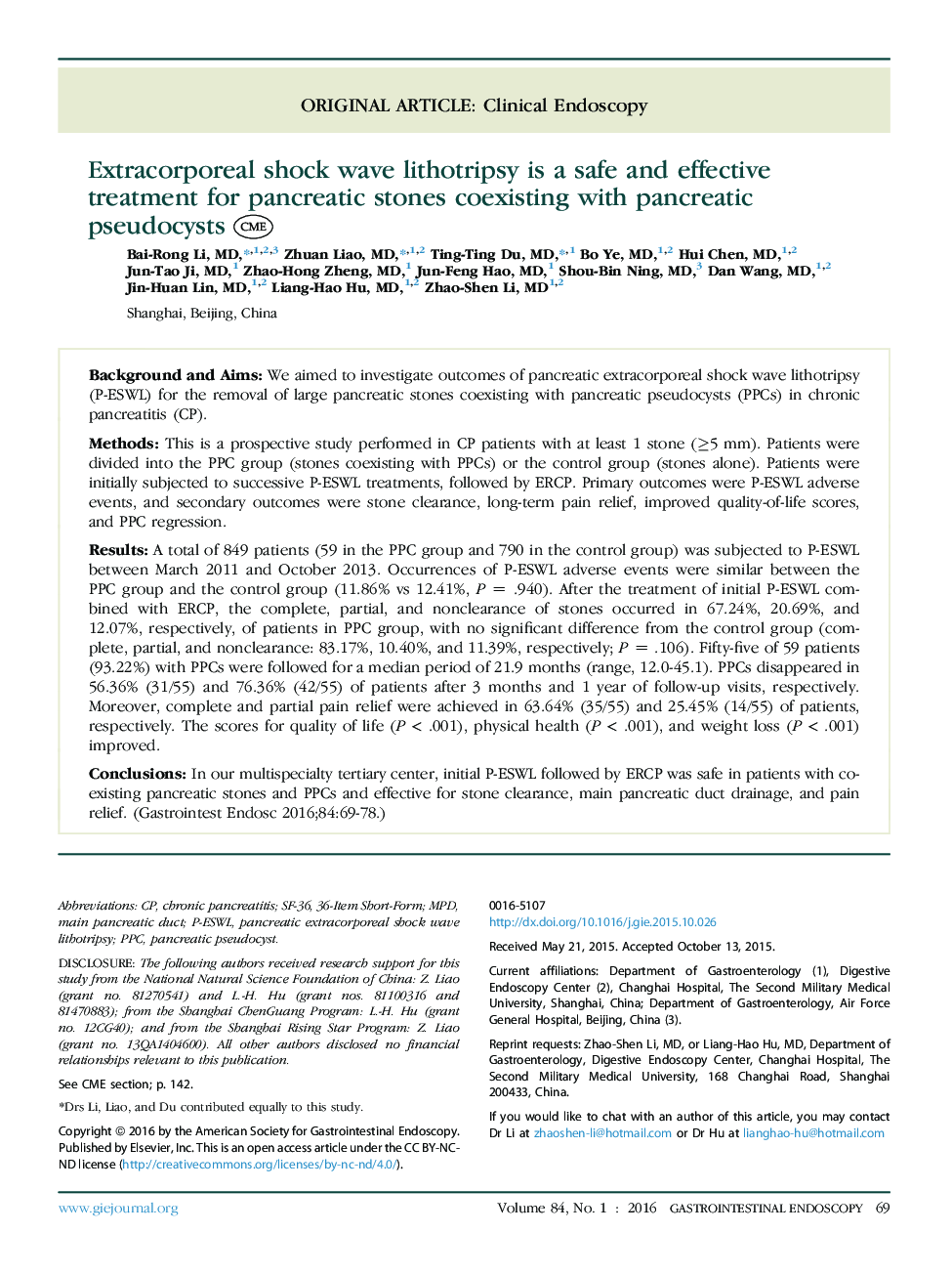 Original articleClinical endoscopyExtracorporeal shock wave lithotripsy is a safe and effective treatment for pancreatic stones coexisting with pancreatic pseudocysts