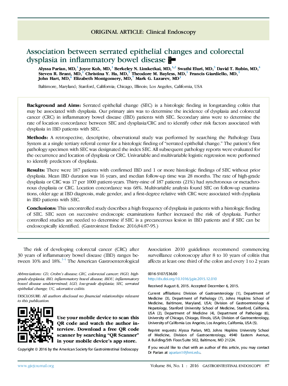 Original articleClinical endoscopyAssociation between serrated epithelial changes and colorectal dysplasia in inflammatory bowel disease