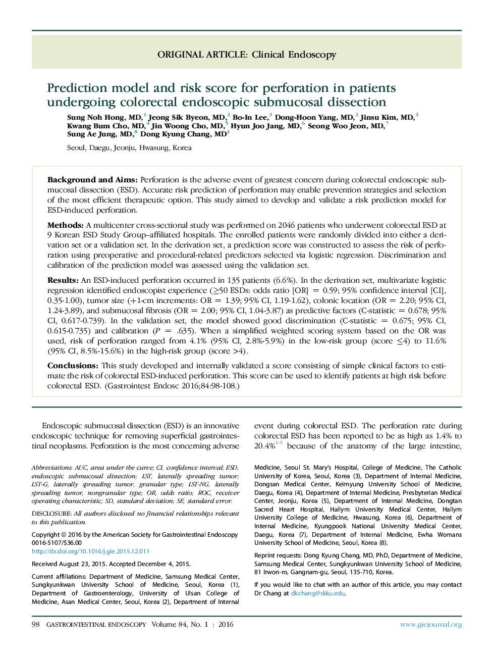Original articleClinical endoscopyPrediction model and risk score for perforation in patients undergoing colorectal endoscopic submucosal dissection
