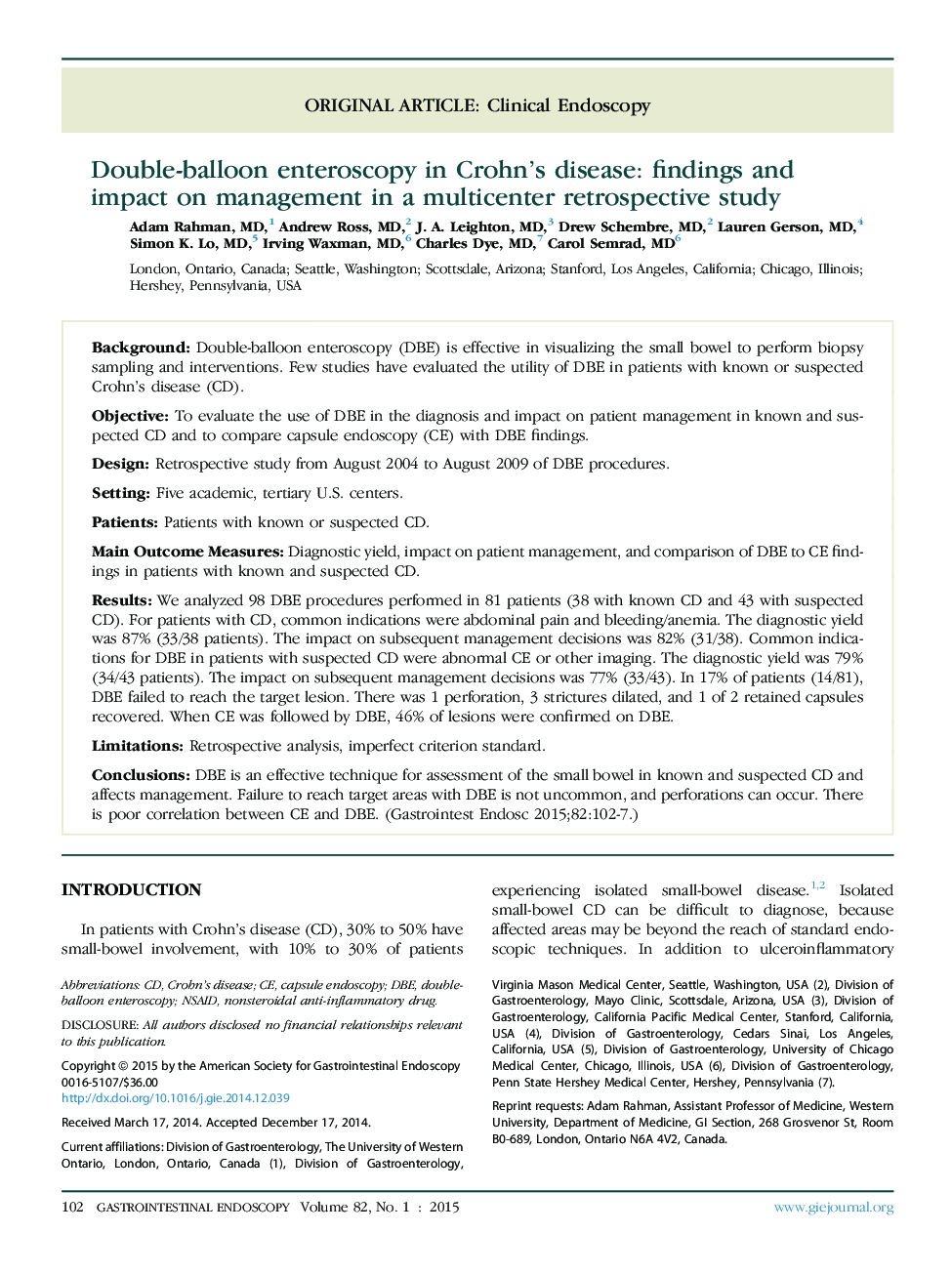 Original articleClinical endoscopyDouble-balloon enteroscopy in Crohn's disease: findings and impact on management in a multicenter retrospective study