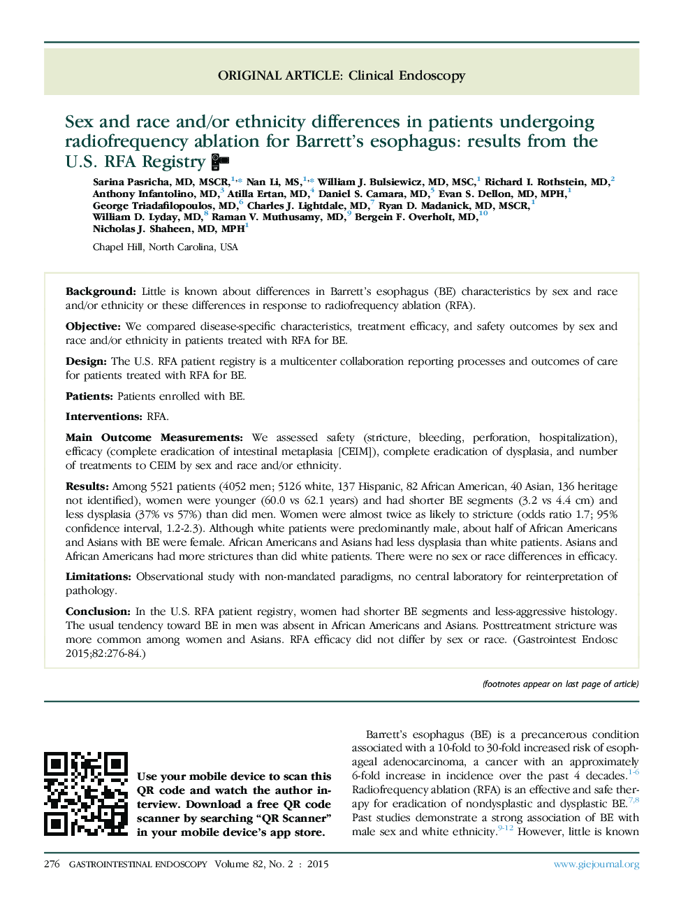 Original articleClinical endoscopySex and race and/or ethnicity differences in patients undergoing radiofrequency ablation for Barrett's esophagus: results from the U.S. RFA Registry