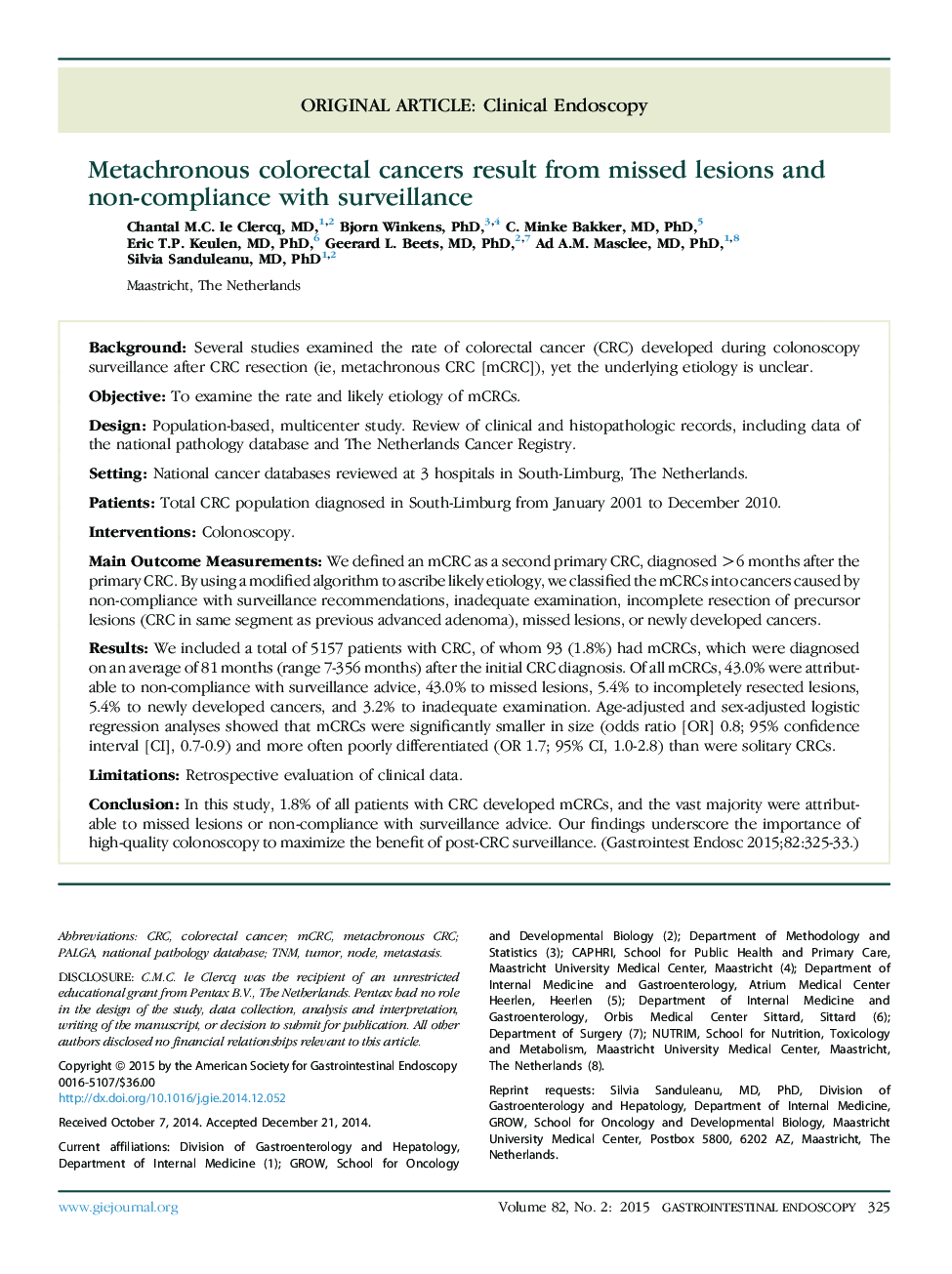 Original articleClinical endoscopyMetachronous colorectal cancers result from missed lesions and non-compliance with surveillance