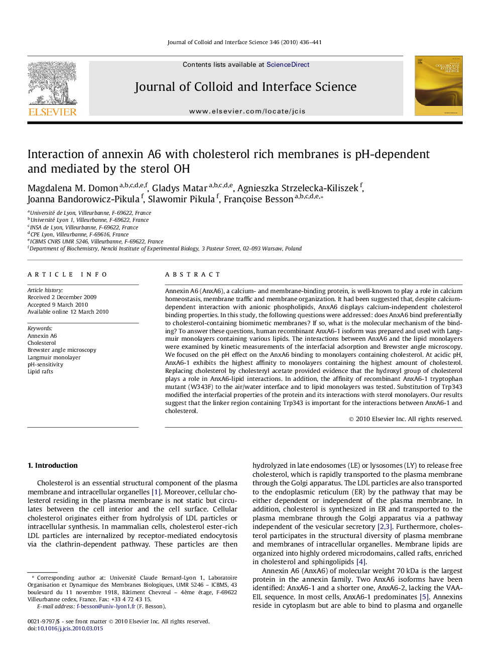 Interaction of annexin A6 with cholesterol rich membranes is pH-dependent and mediated by the sterol OH