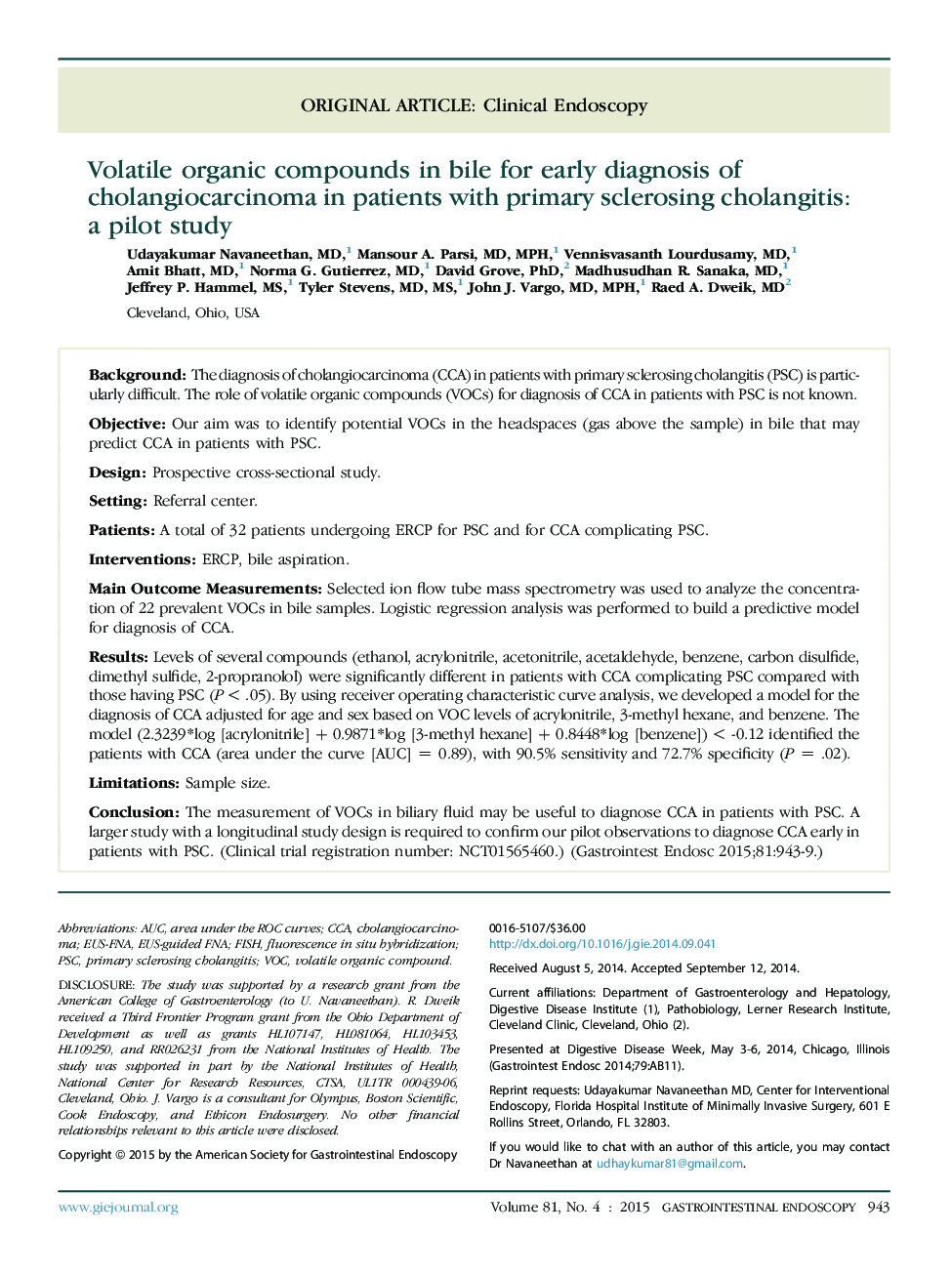 Original articleClinical endoscopyVolatile organic compounds in bile for early diagnosis of cholangiocarcinoma in patients with primary sclerosing cholangitis: a pilot study