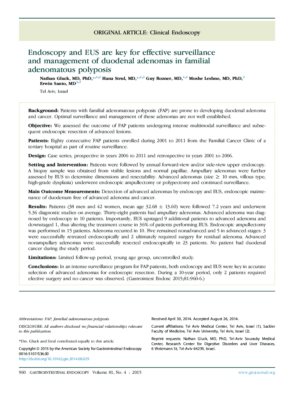 Original articleClinical endoscopyEndoscopy and EUS are key for effective surveillance and management of duodenal adenomas in familial adenomatous polyposis