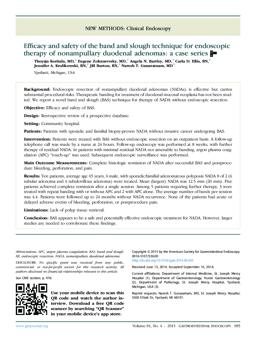 New methodsClinical endoscopyEfficacy and safety of the band and slough technique for endoscopic therapy of nonampullary duodenal adenomas: a case series