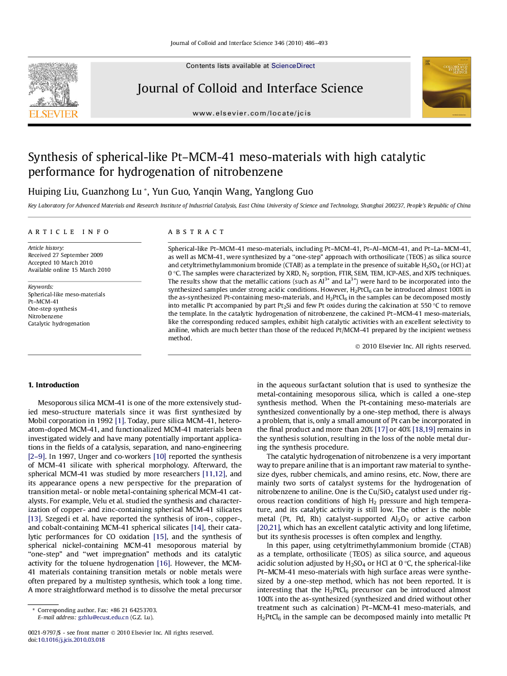 Synthesis of spherical-like Pt–MCM-41 meso-materials with high catalytic performance for hydrogenation of nitrobenzene