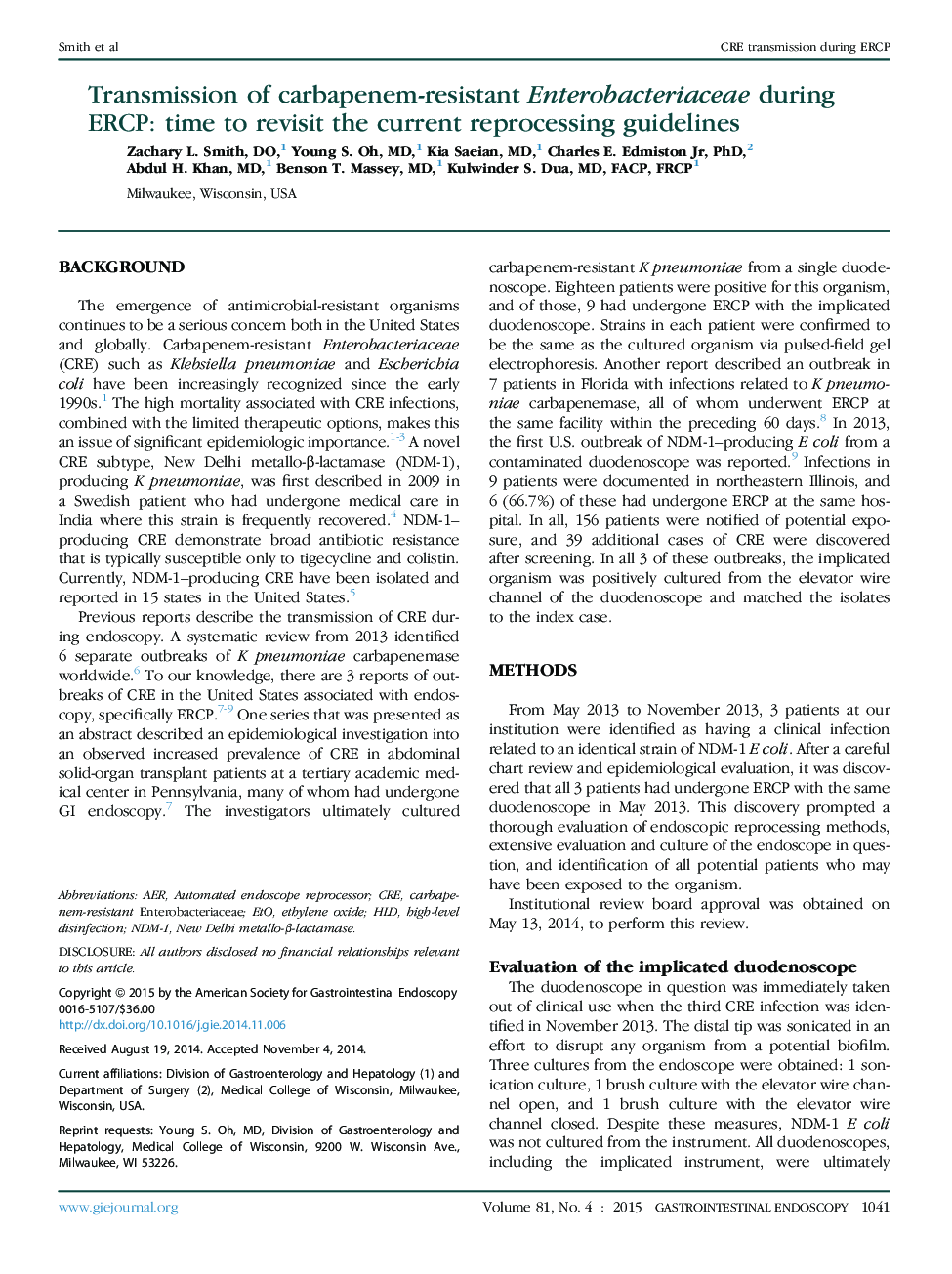 Transmission of carbapenem-resistant Enterobacteriaceae during ERCP: time to revisit the current reprocessing guidelines