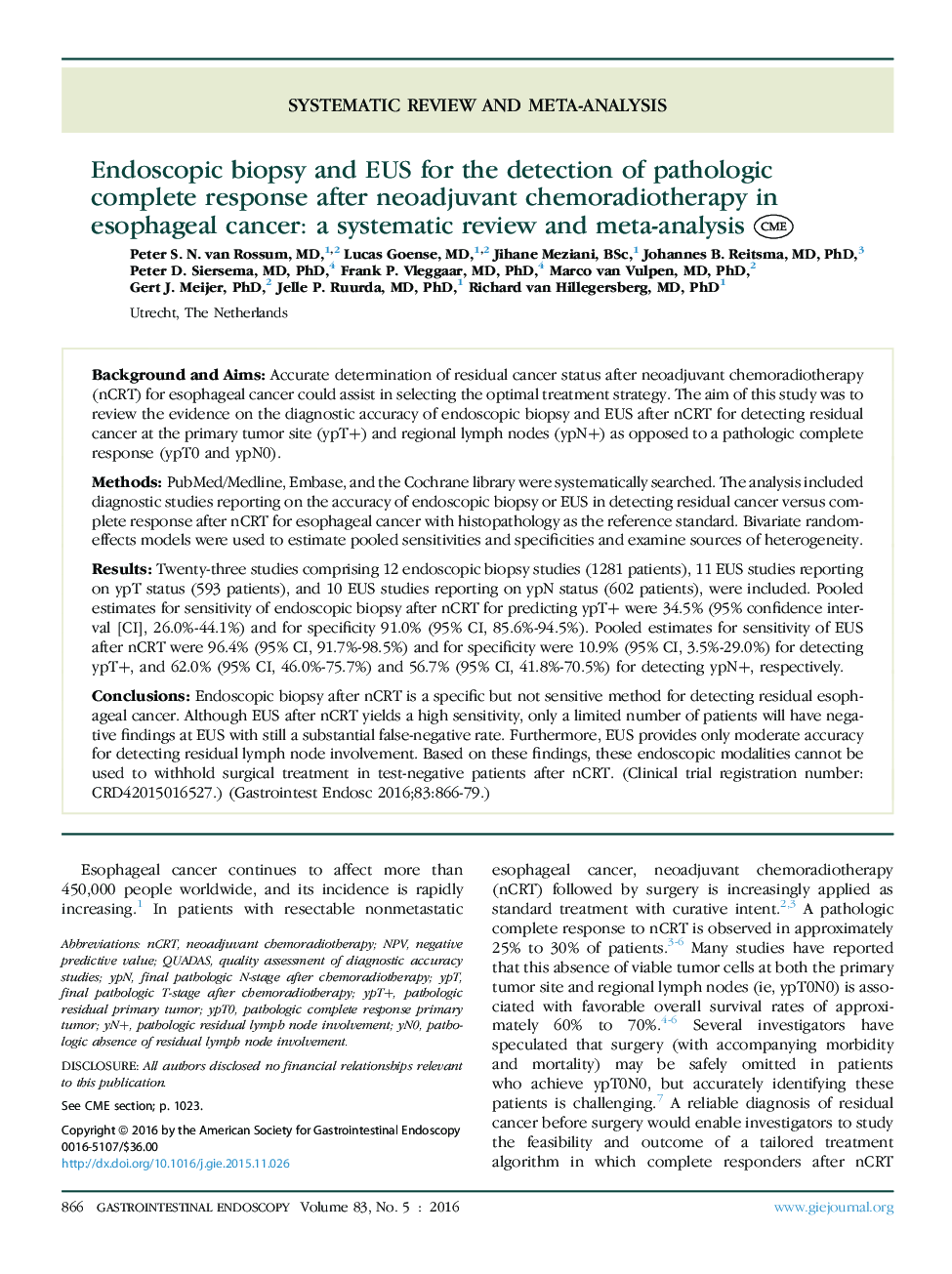 Systematic review and meta-analysisEndoscopic biopsy and EUS for the detection of pathologic complete response after neoadjuvant chemoradiotherapy in esophageal cancer: a systematic review and meta-analysis