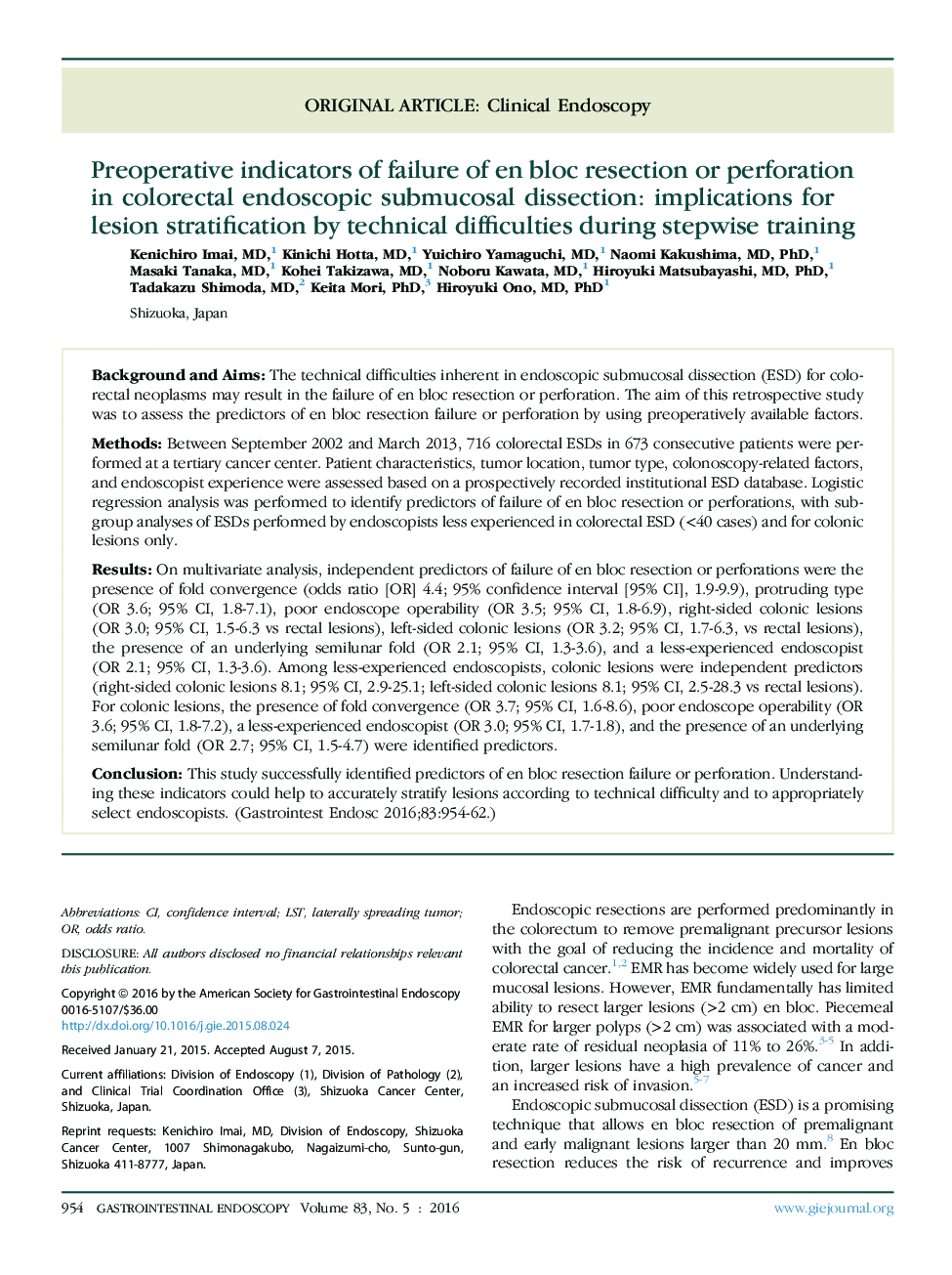 Original articleClinical endoscopyPreoperative indicators of failure of en bloc resection or perforation in colorectal endoscopic submucosal dissection: implications for lesion stratification by technical difficulties during stepwise training