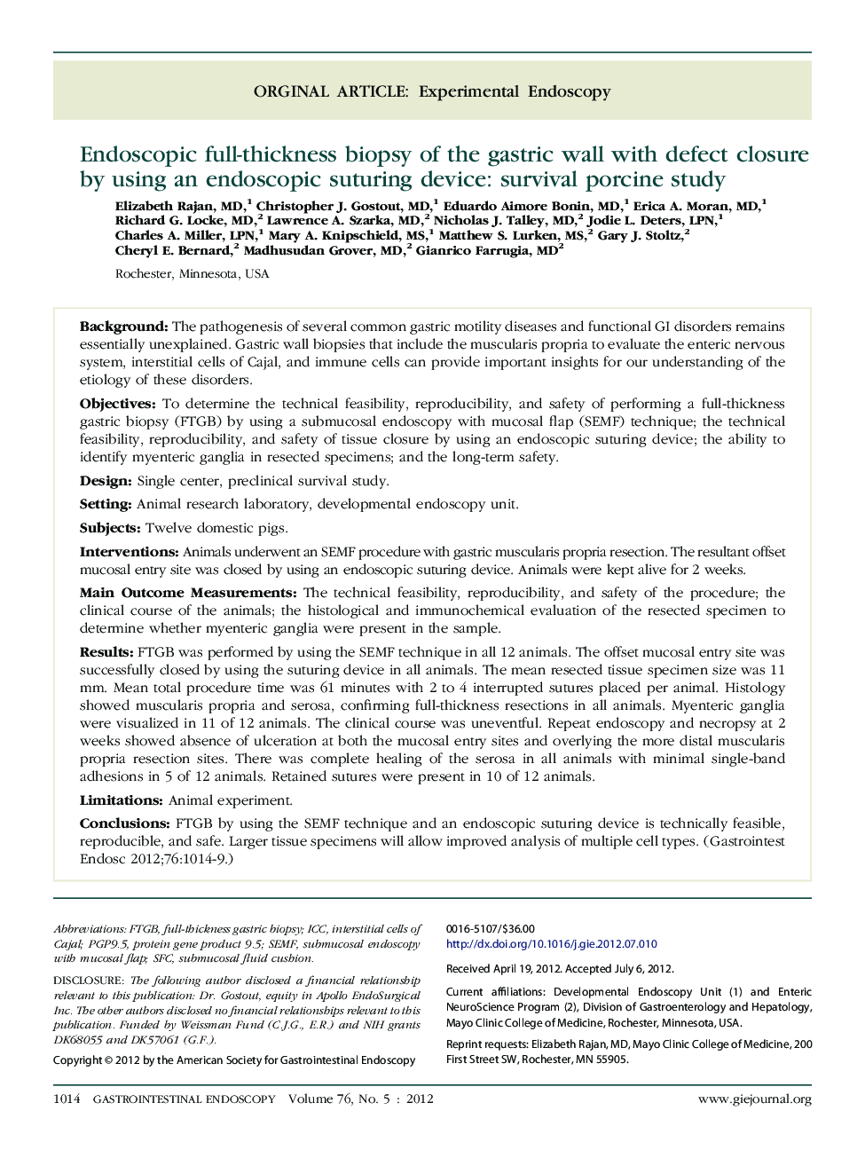 Orginal articleExperimental endoscopyEndoscopic full-thickness biopsy of the gastric wall with defect closure by using an endoscopic suturing device: survival porcine study