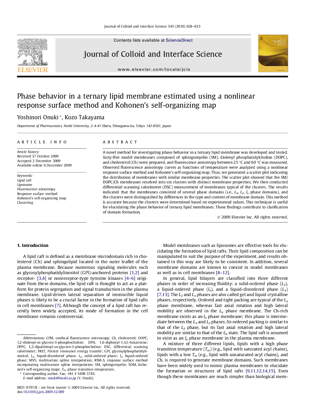 Phase behavior in a ternary lipid membrane estimated using a nonlinear response surface method and Kohonen’s self-organizing map