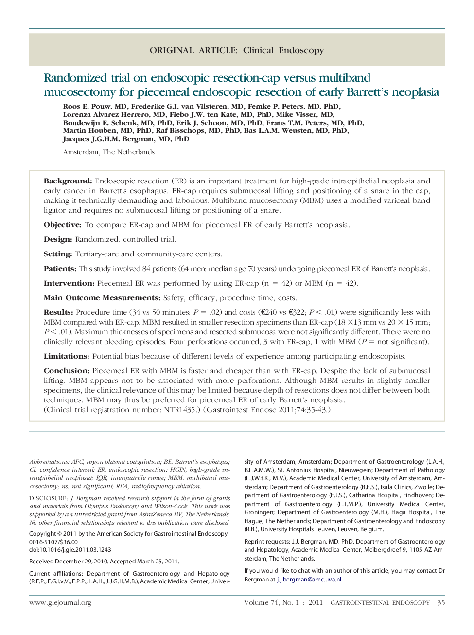 Original articleClinical endoscopyRandomized trial on endoscopic resection-cap versus multiband mucosectomy for piecemeal endoscopic resection of early Barrett's neoplasia