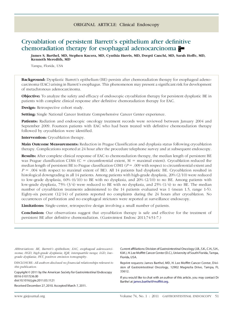 Original articleClinical endoscopyCryoablation of persistent Barrett's epithelium after definitive chemoradiation therapy for esophageal adenocarcinoma