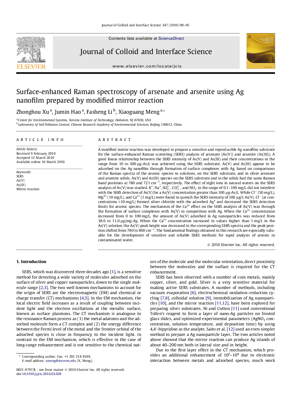 Surface-enhanced Raman spectroscopy of arsenate and arsenite using Ag nanofilm prepared by modified mirror reaction