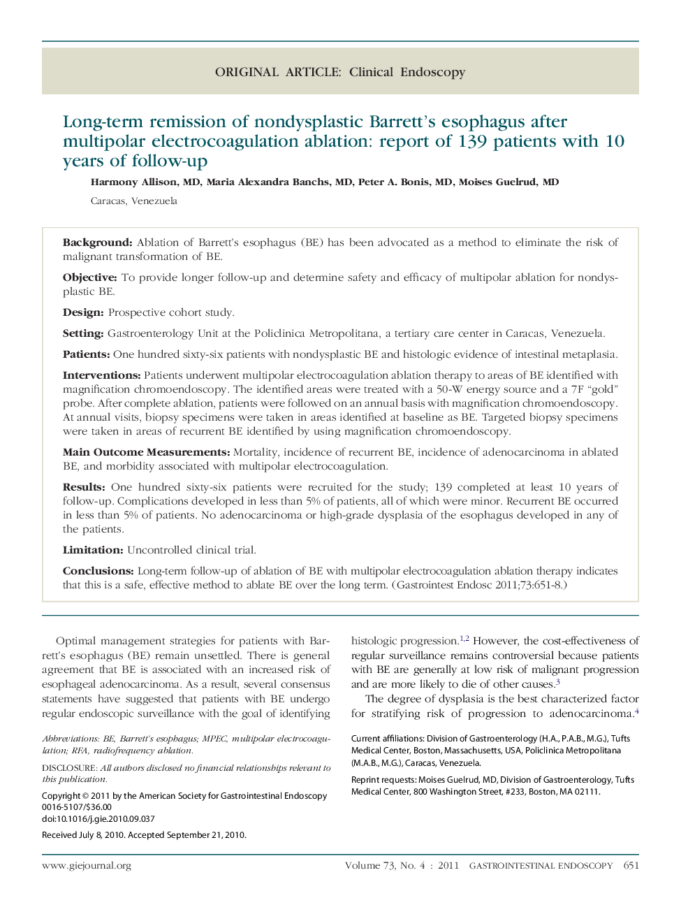 Original articleClinical endoscopyLong-term remission of nondysplastic Barrett's esophagus after multipolar electrocoagulation ablation: report of 139 patients with 10 years of follow-up