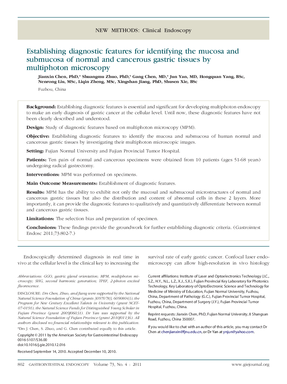 New methodClinical endoscopyEstablishing diagnostic features for identifying the mucosa and submucosa of normal and cancerous gastric tissues by multiphoton microscopy