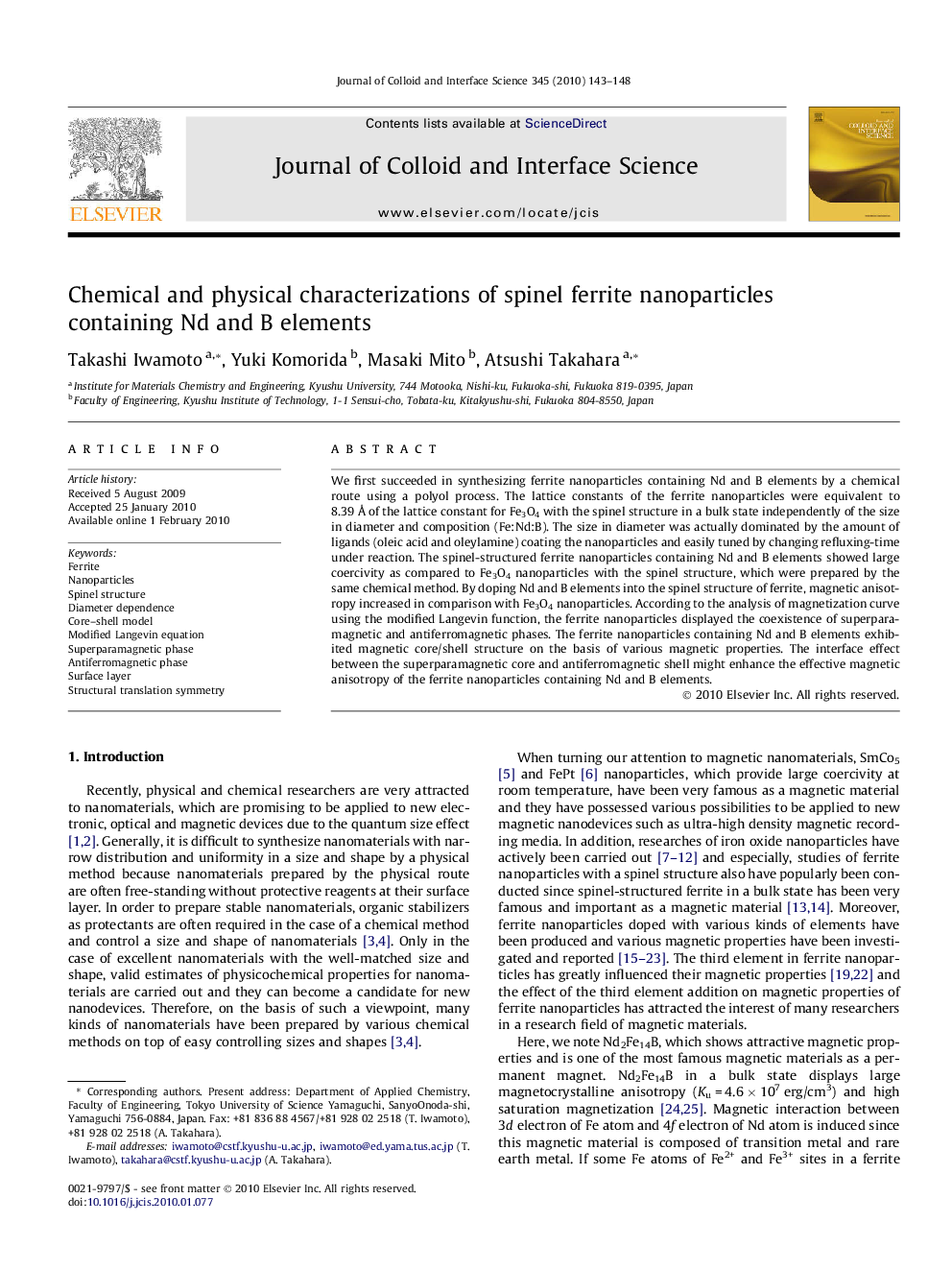 Chemical and physical characterizations of spinel ferrite nanoparticles containing Nd and B elements