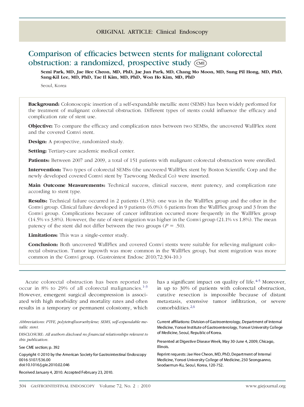 Original articleClinical endoscopyComparison of efficacies between stents for malignant colorectal obstruction: a randomized, prospective study