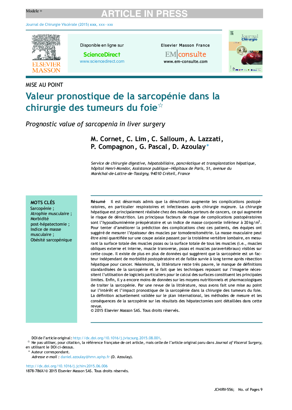 Valeur pronostique de la sarcopénie dans la chirurgie des tumeurs du foie