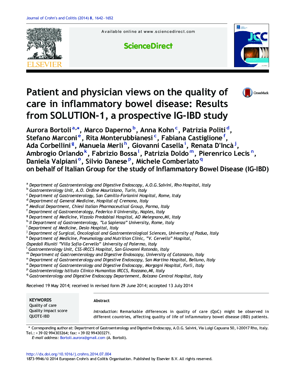 Patient and physician views on the quality of care in inflammatory bowel disease: Results from SOLUTION-1, a prospective IG-IBD study