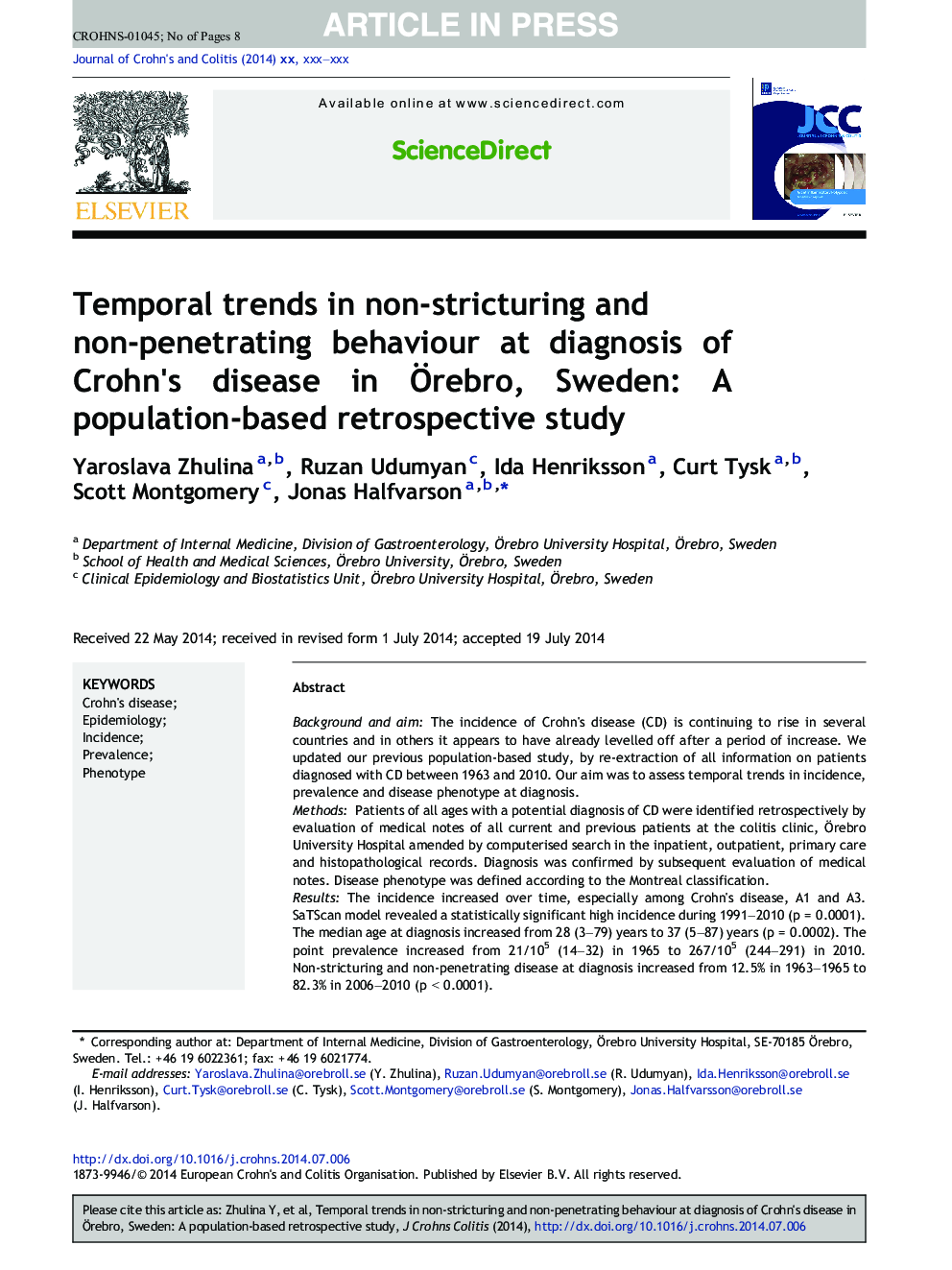 Temporal trends in non-stricturing and non-penetrating behaviour at diagnosis of Crohn's disease in Ãrebro, Sweden: A population-based retrospective study