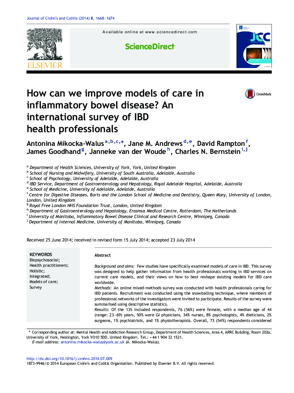 How can we improve models of care in inflammatory bowel disease? An international survey of IBD health professionals