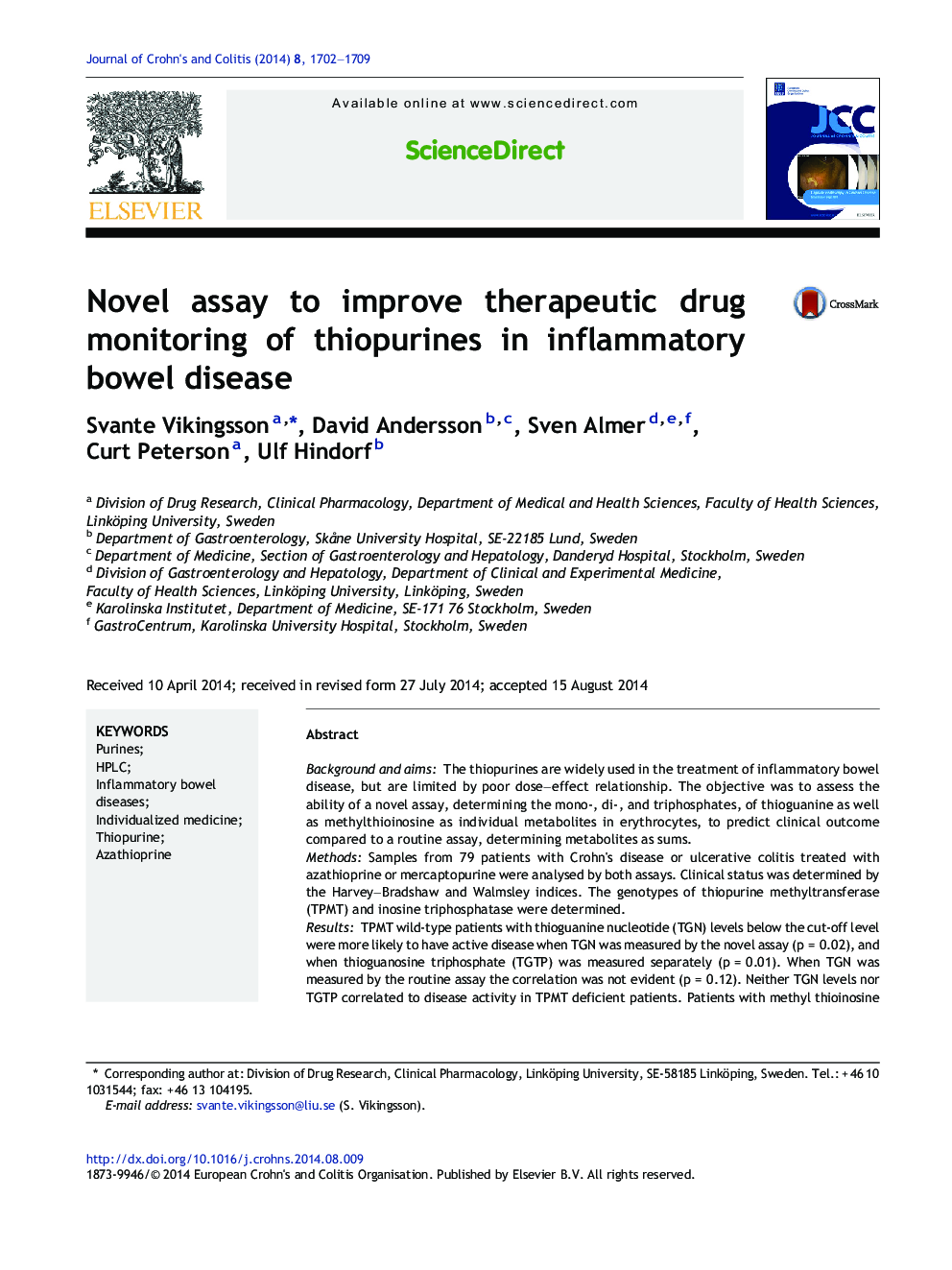 Novel assay to improve therapeutic drug monitoring of thiopurines in inflammatory bowel disease