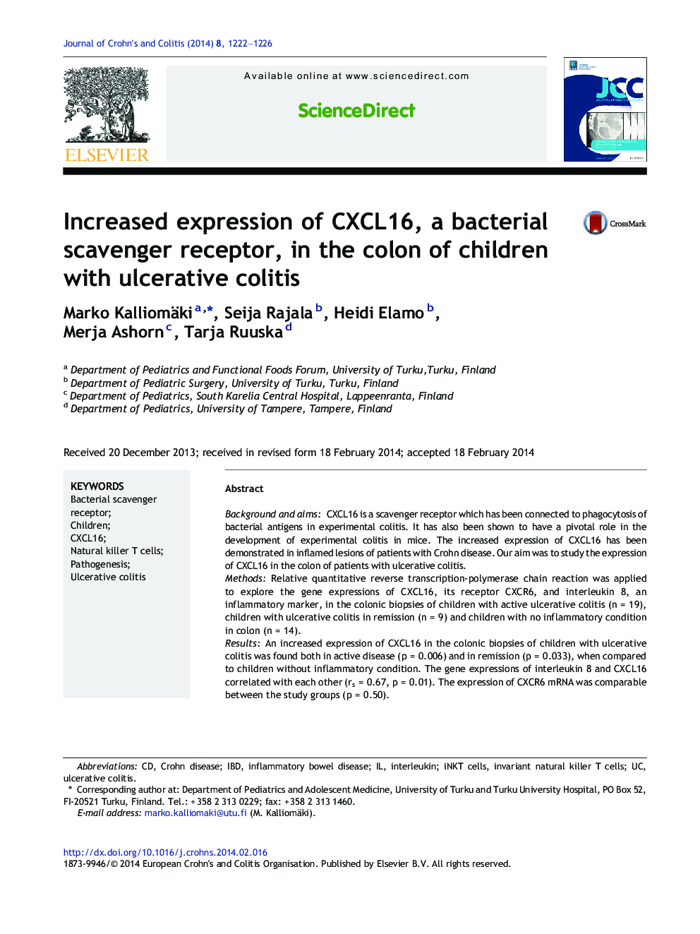 Increased expression of CXCL16, a bacterial scavenger receptor, in the colon of children with ulcerative colitis