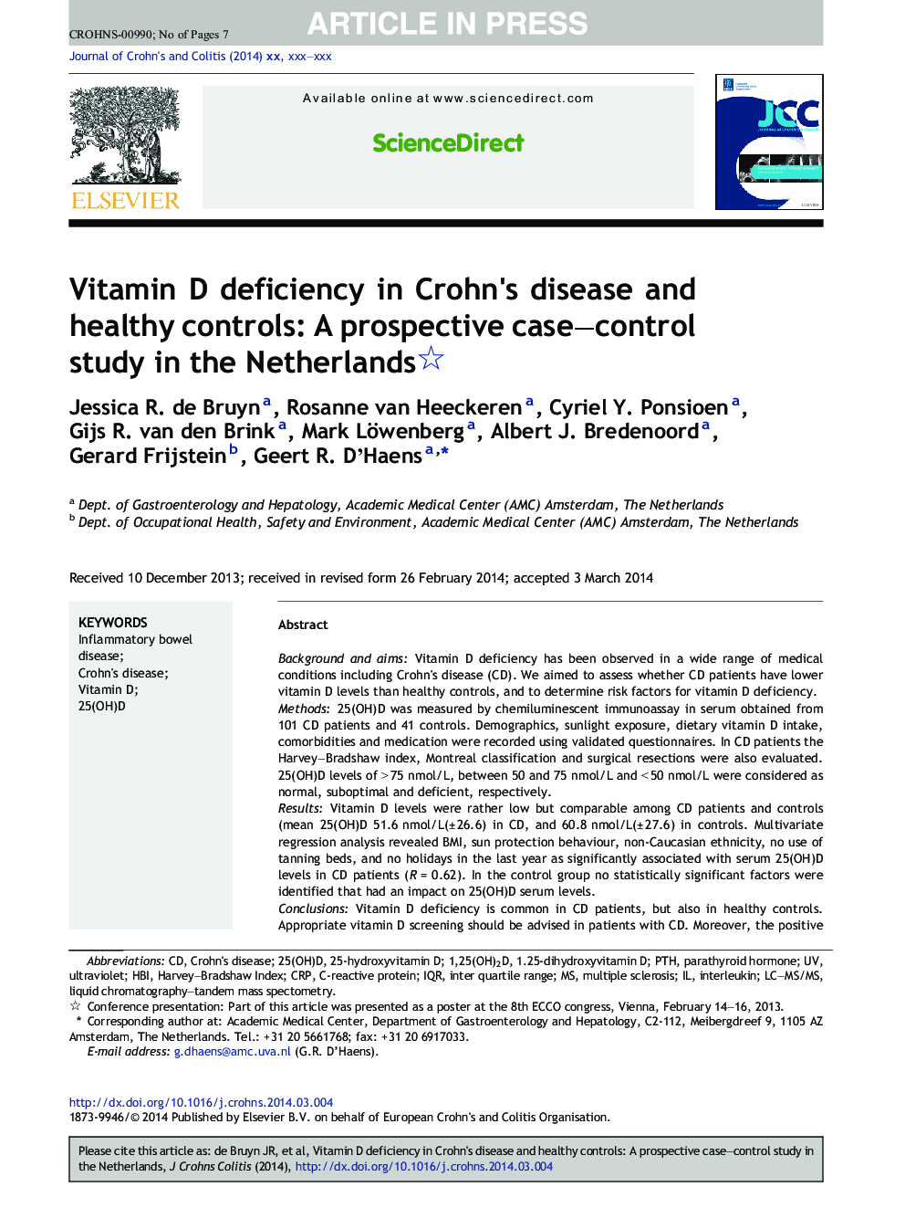 Vitamin D deficiency in Crohn's disease and healthy controls: A prospective case-control study in the Netherlands