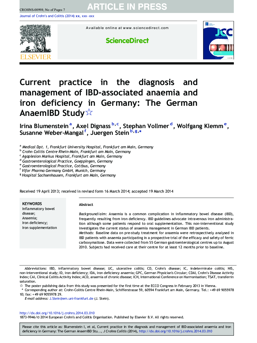 Current practice in the diagnosis and management of IBD-associated anaemia and iron deficiency in Germany: The German AnaemIBD Study