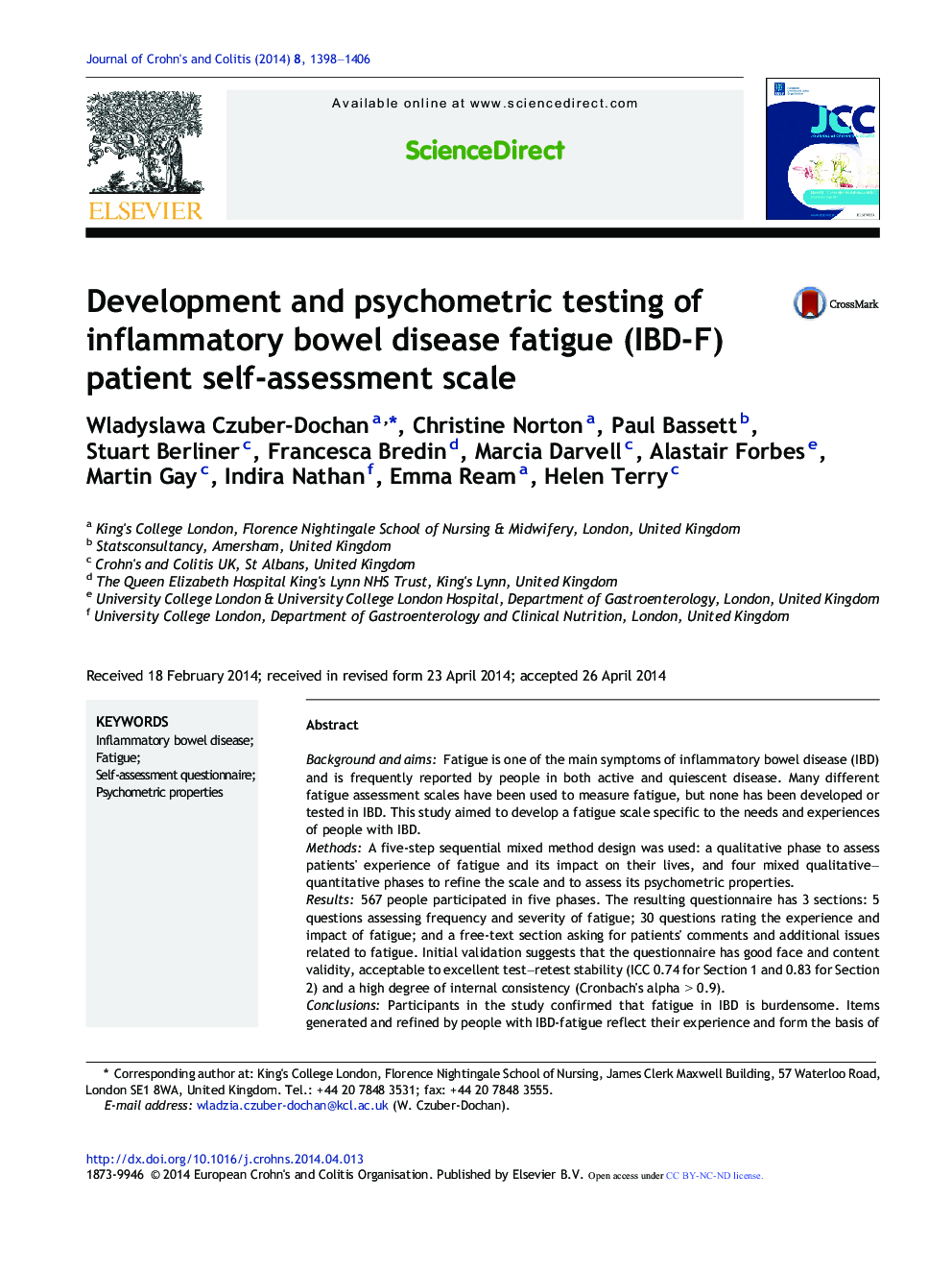 Development and psychometric testing of inflammatory bowel disease fatigue (IBD-F) patient self-assessment scale