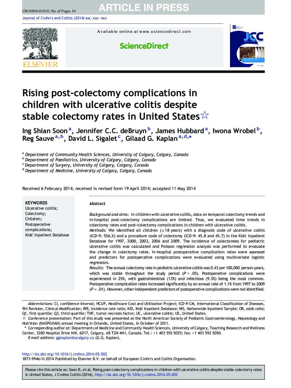 Rising post-colectomy complications in children with ulcerative colitis despite stable colectomy rates in United States