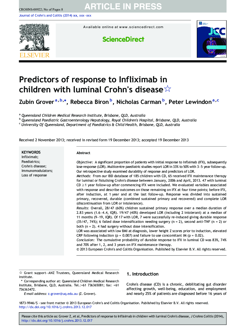 Predictors of response to Infliximab in children with luminal Crohn's disease