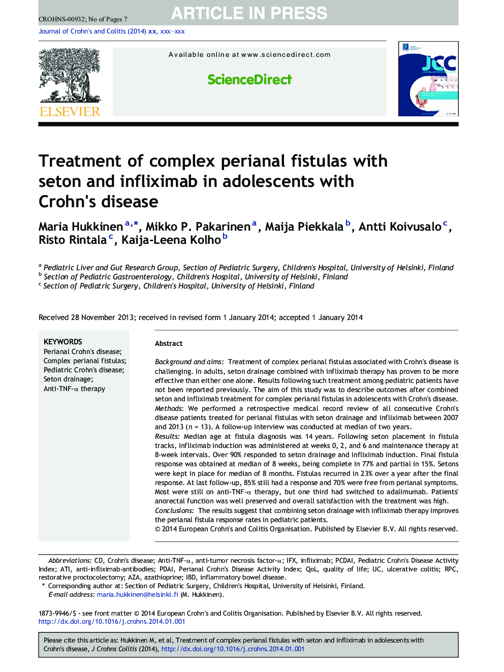 Treatment of complex perianal fistulas with seton and infliximab in adolescents with Crohn's disease