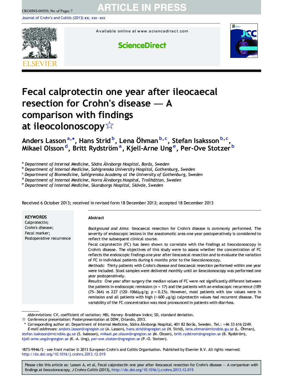 Fecal calprotectin one year after ileocaecal resection for Crohn's disease - A comparison with findings at ileocolonoscopy