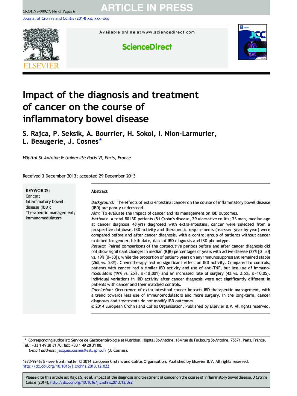 Impact of the diagnosis and treatment of cancer on the course of inflammatory bowel disease