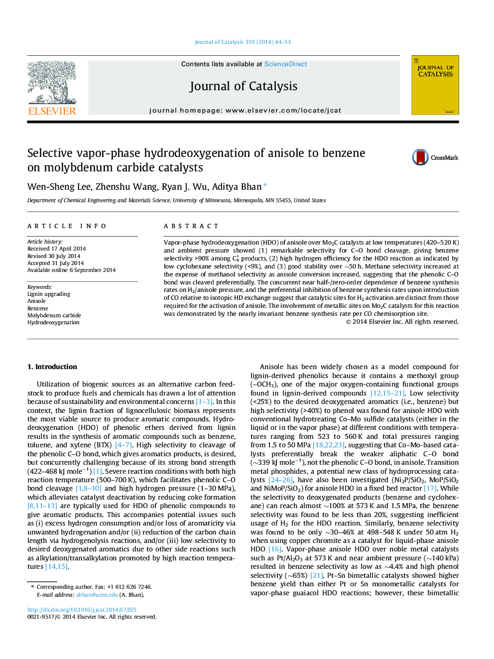 Selective vapor-phase hydrodeoxygenation of anisole to benzene on molybdenum carbide catalysts