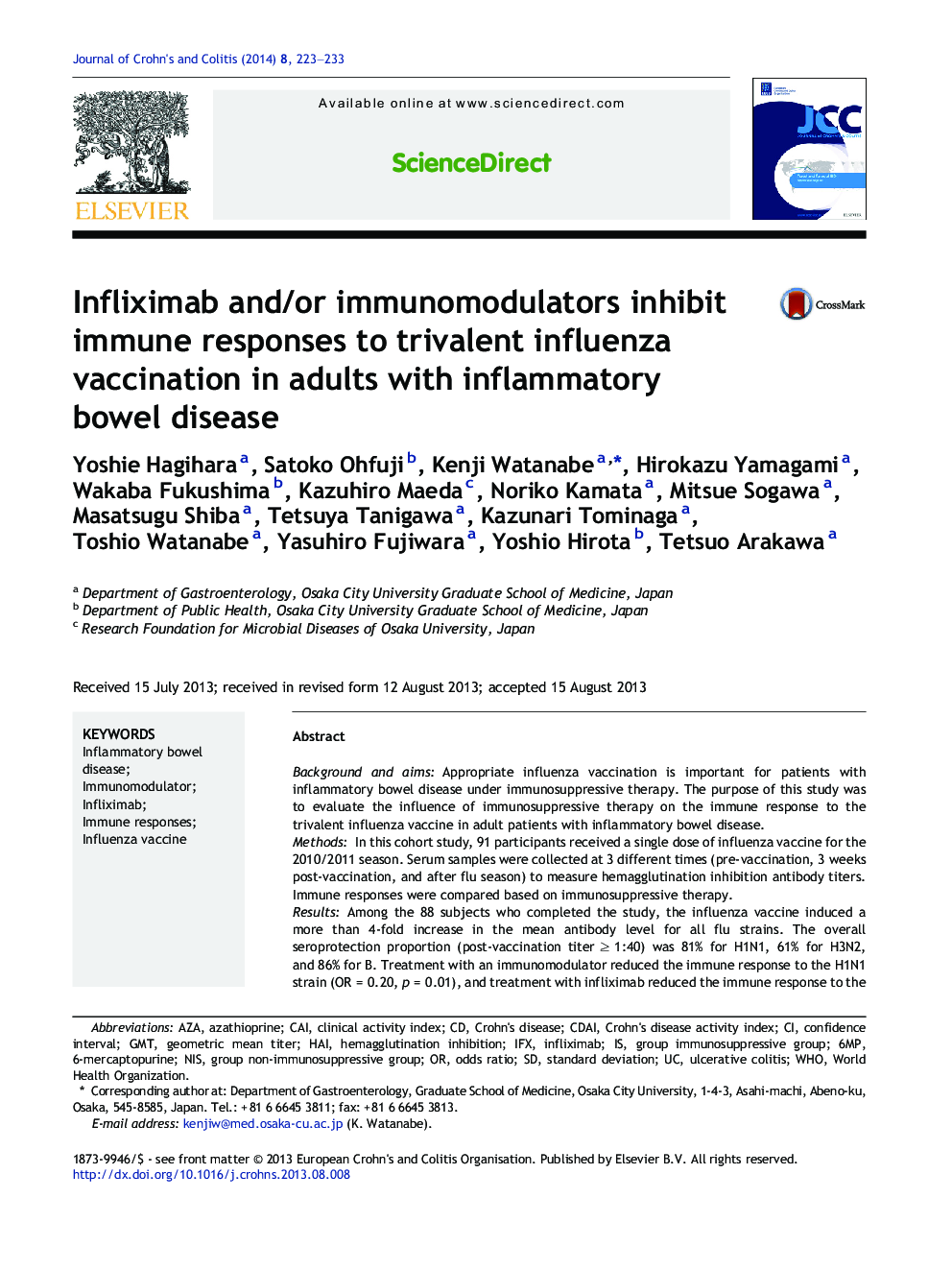 Infliximab and/or immunomodulators inhibit immune responses to trivalent influenza vaccination in adults with inflammatory bowel disease