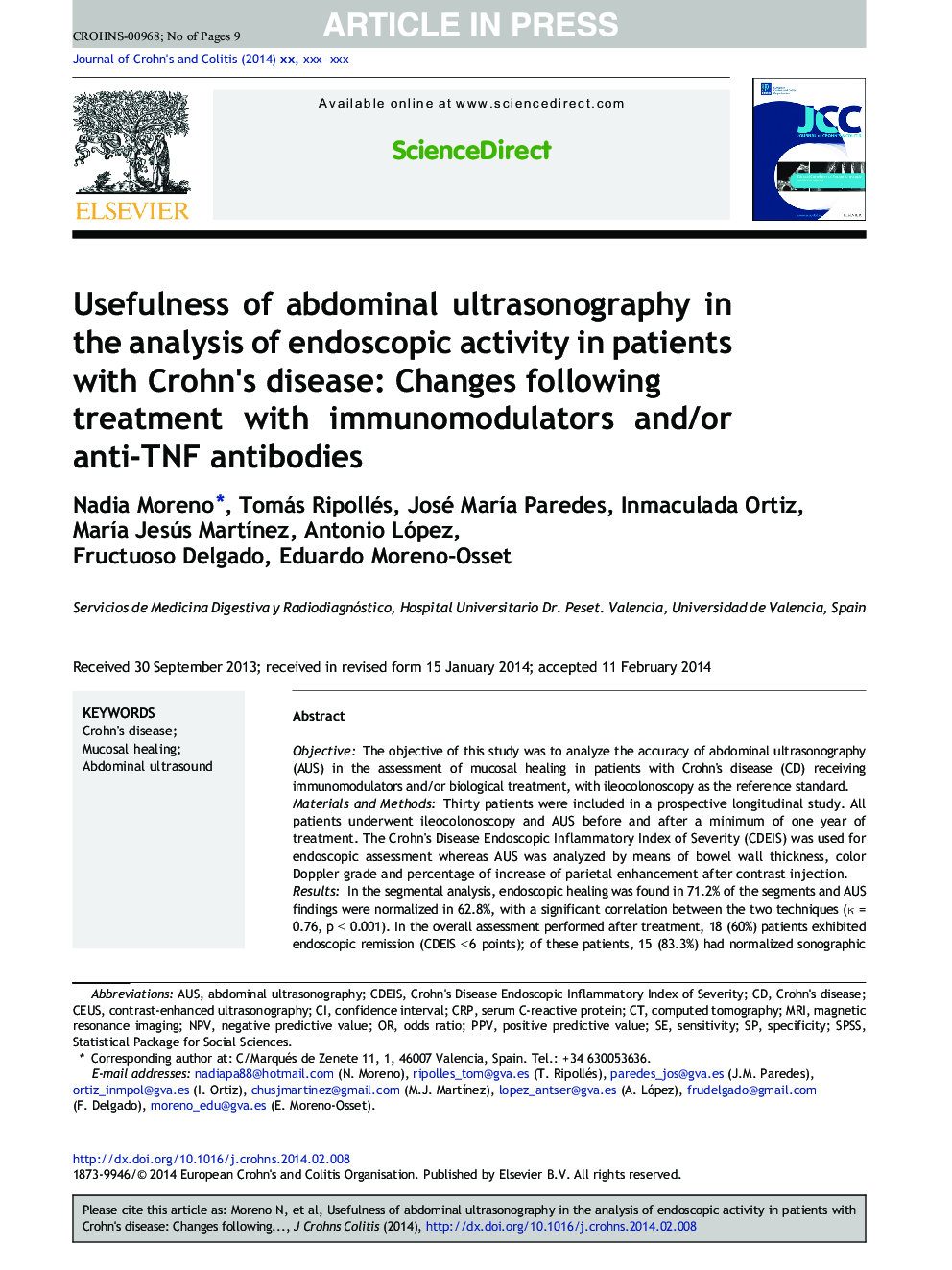 Usefulness of abdominal ultrasonography in the analysis of endoscopic activity in patients with Crohn's disease: Changes following treatment with immunomodulators and/or anti-TNF antibodies