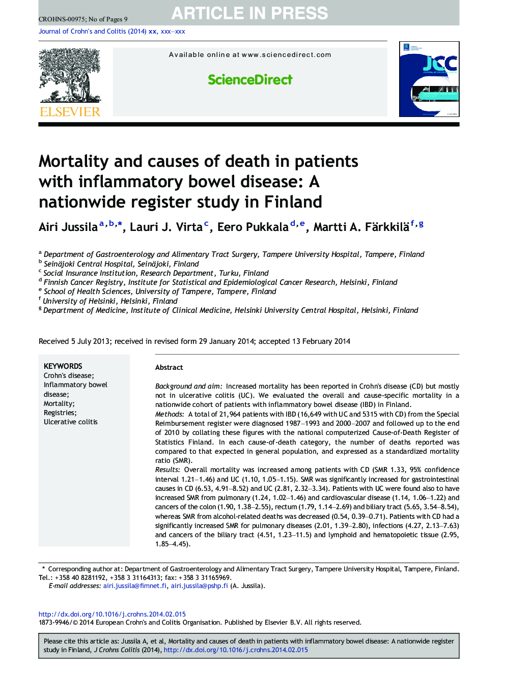 مرگ و میر و علل مرگ در بیماران مبتلا به بیماری التهابی روده: مطالعه ثبت نام در سراسر کشور در فنلاند 