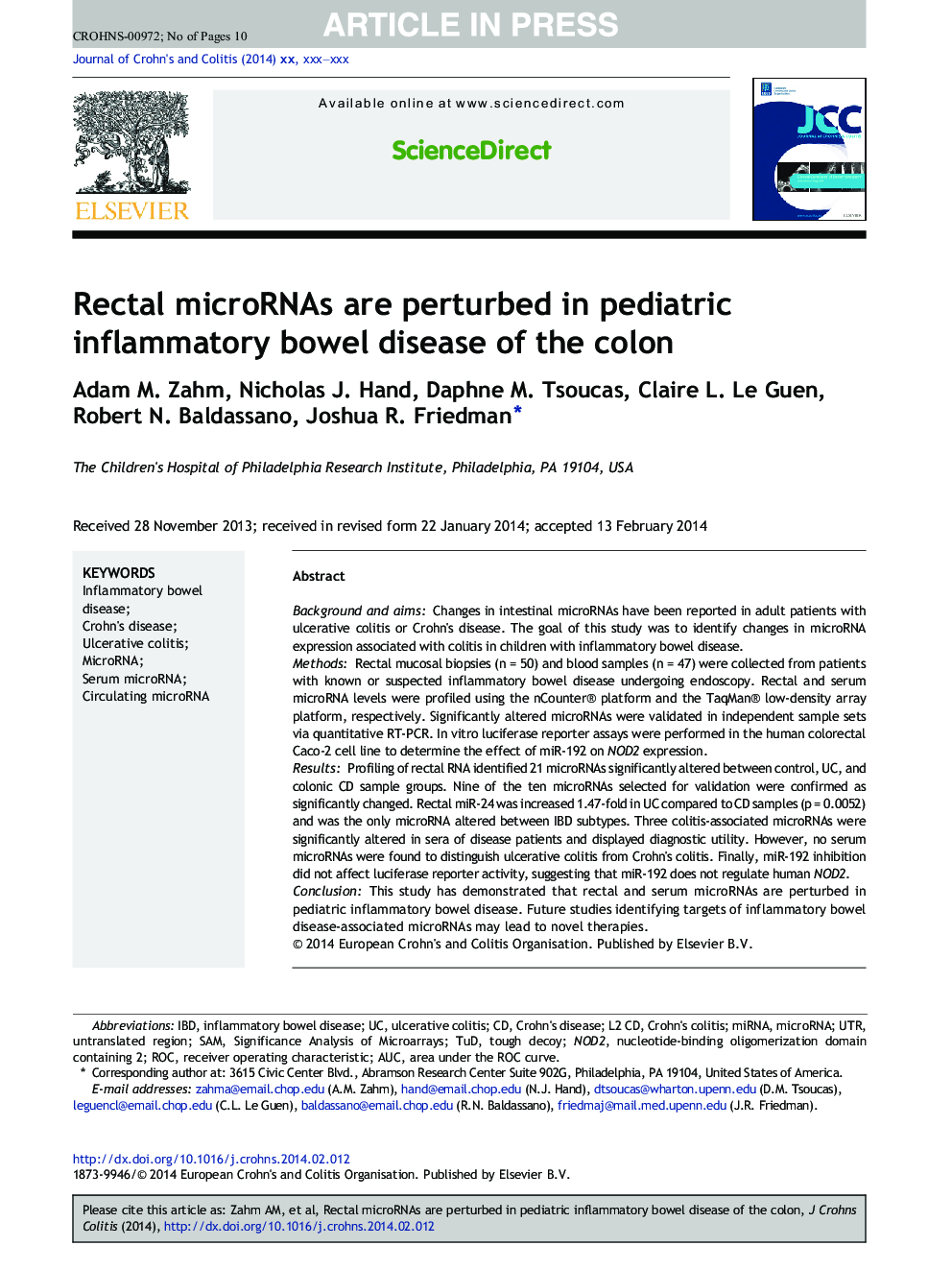 Rectal microRNAs are perturbed in pediatric inflammatory bowel disease of the colon