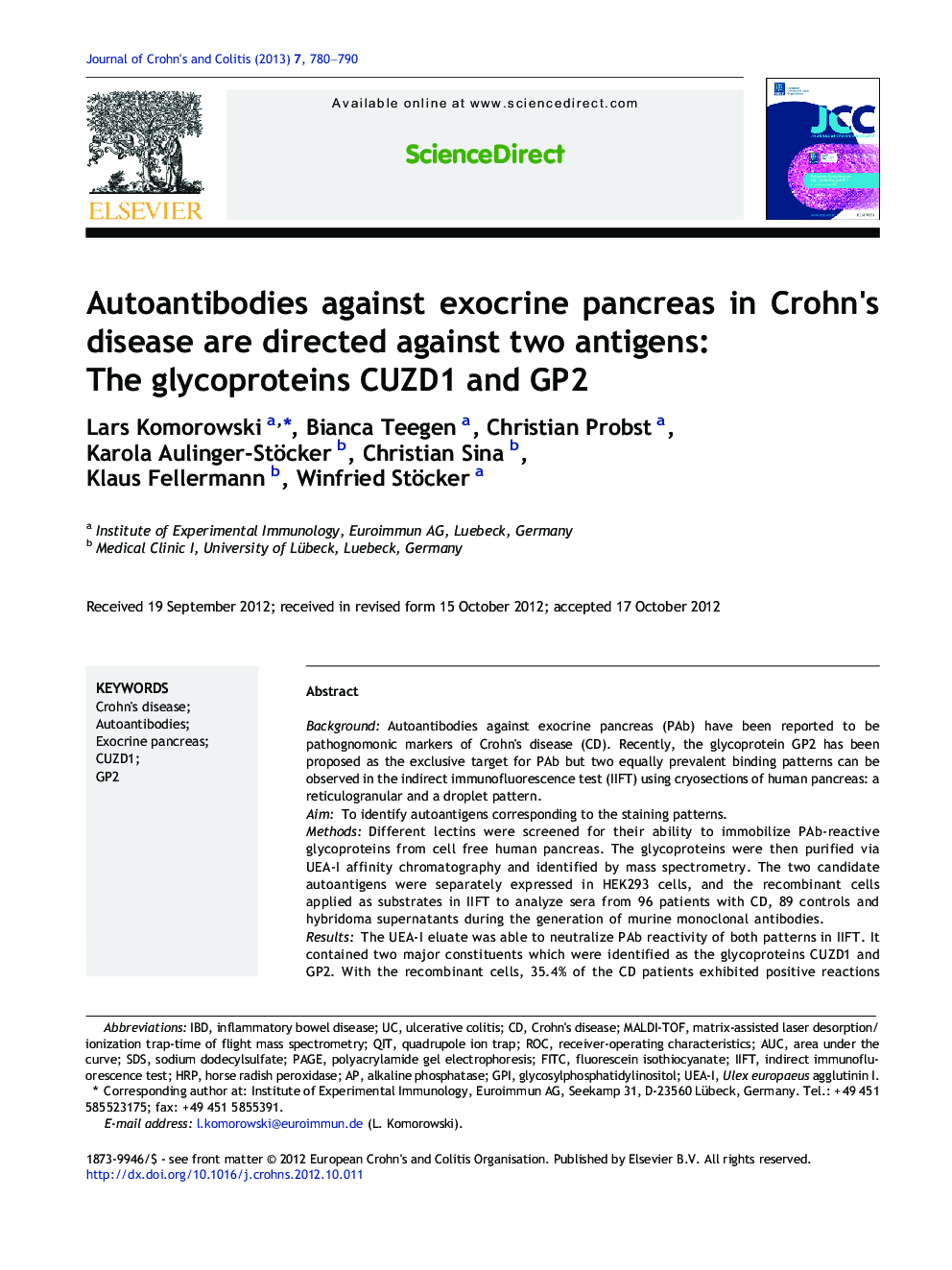 Autoantibodies against exocrine pancreas in Crohn's disease are directed against two antigens: The glycoproteins CUZD1 and GP2