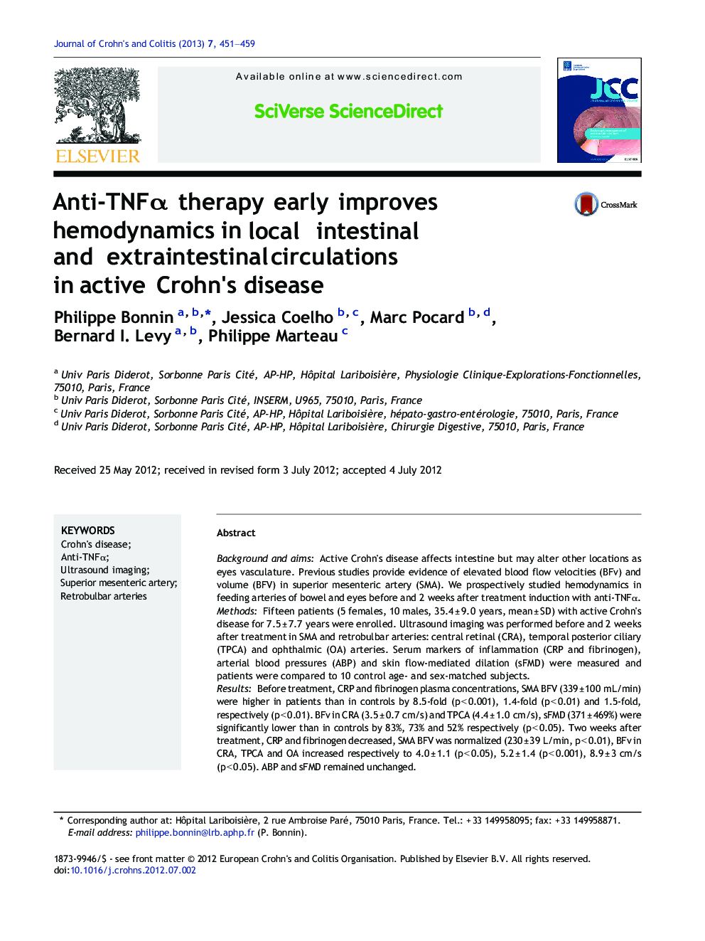 عکس صفحه اول مقاله: Anti-TNFα therapy early improves hemodynamics in local intestinal and extraintestinal circulations in active Crohn's disease Anti-TNFα therapy early improves hemodynamics in local intestinal and extraintestinal circulations in active Crohn's disease