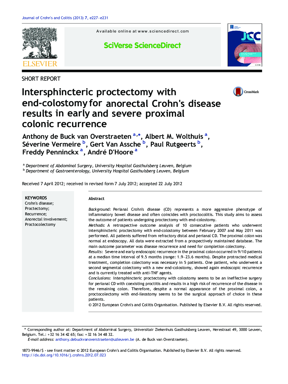 Intersphincteric proctectomy with end-colostomy for anorectal Crohn's disease results in early and severe proximal colonic recurrence