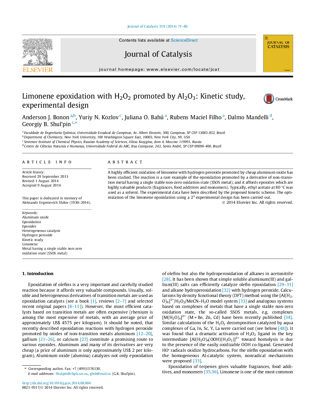 Limonene epoxidation with H2O2 promoted by Al2O3: Kinetic study, experimental design