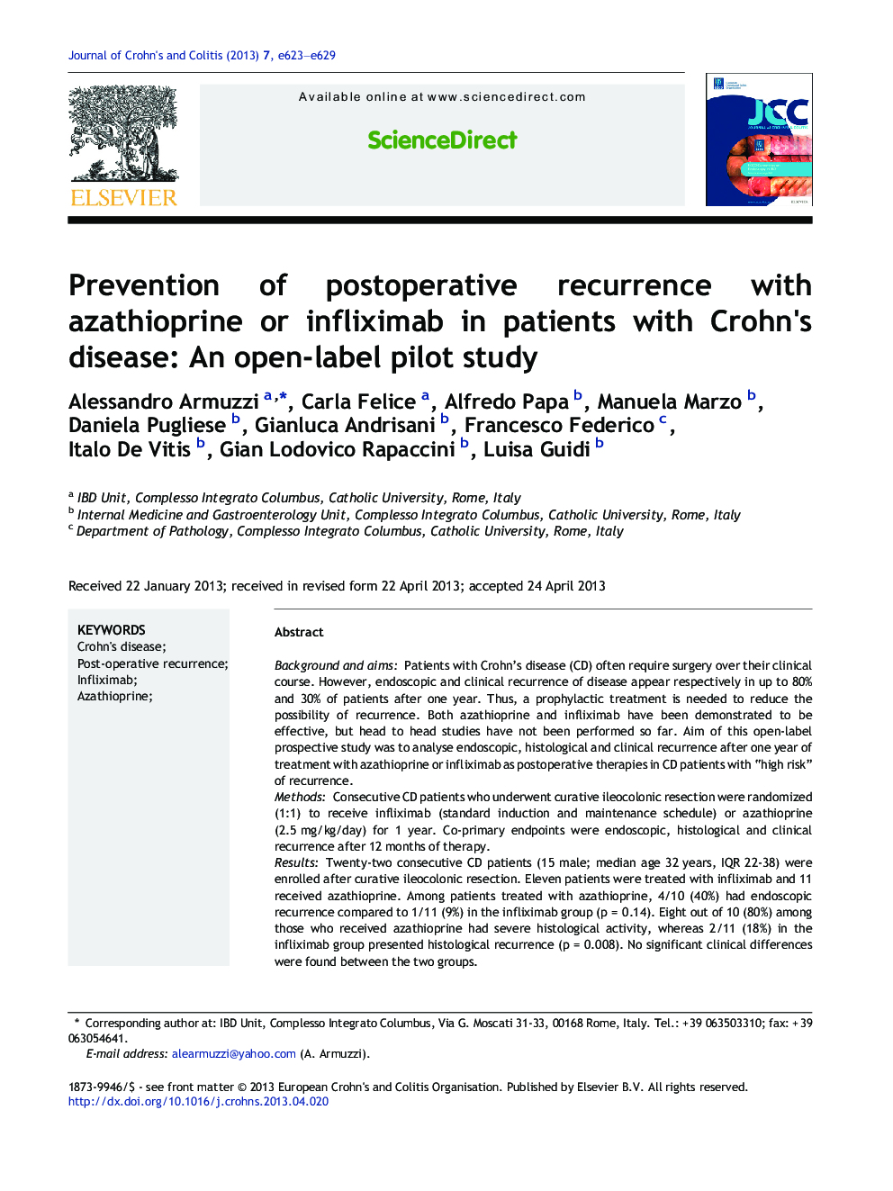 پیشگیری از عود مجدد پس از عمل با آزیتیوپرین یا انفلسیاماب در بیماران مبتلا به بیماری کرون: یک مطالعه آزمایشی باز 